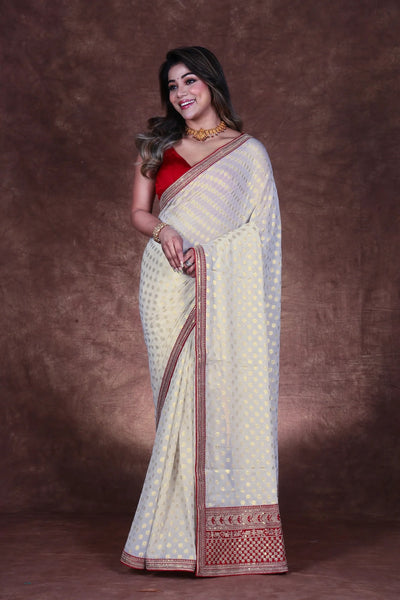 Off-White and Red Georgette Chiffon Zardosi Saree