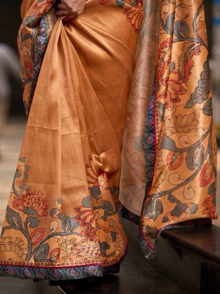 Mustard Tan Blended Silk Saree with Traditional Kalamkari Print