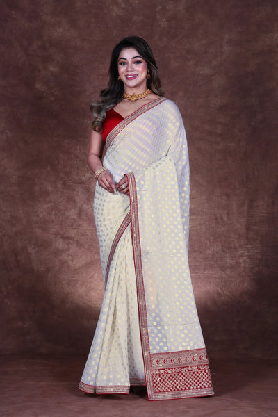 Off-White and Red Georgette Chiffon Zardosi Saree