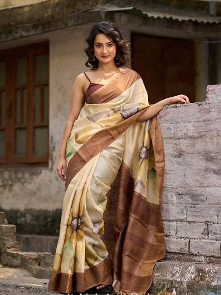 Beige Tussar Silk Saree with Artistic Floral Design