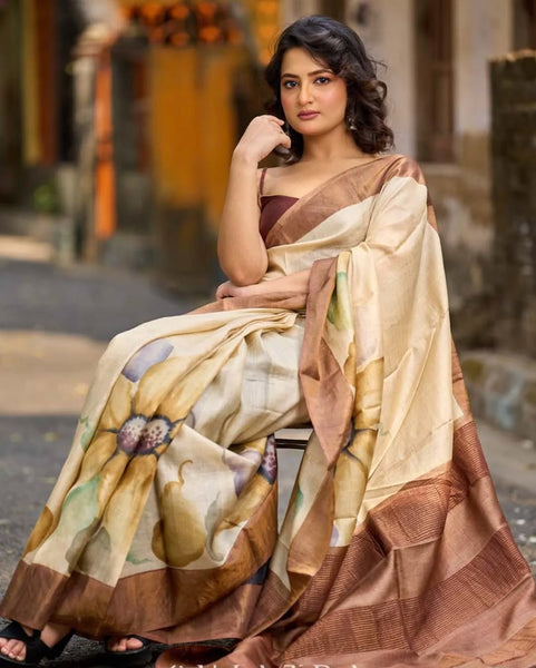 Beige Tussar Silk Saree with Artistic Floral Design