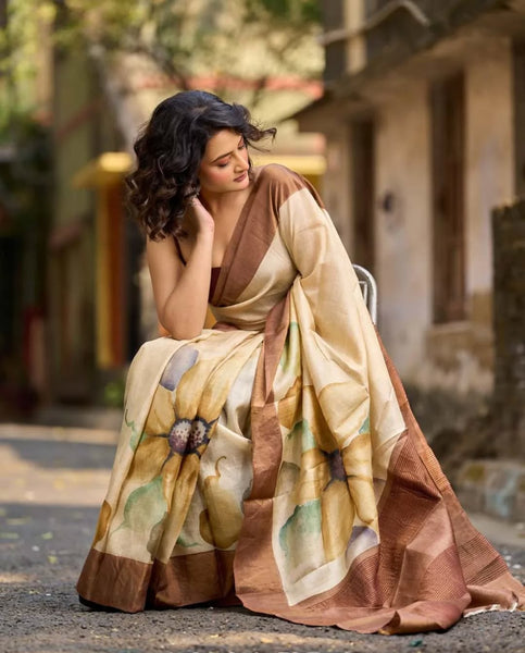 Beige Tussar Silk Saree with Artistic Floral Design