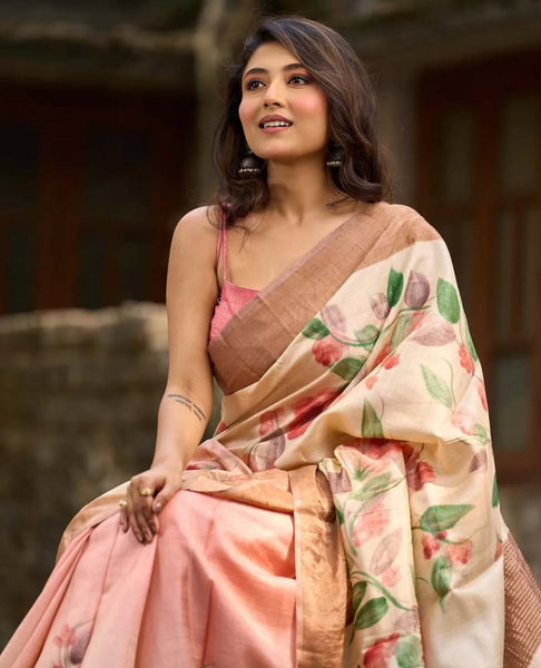 Pink Pastel Toned Tussar Silk Saree with Subtle Floral Print
