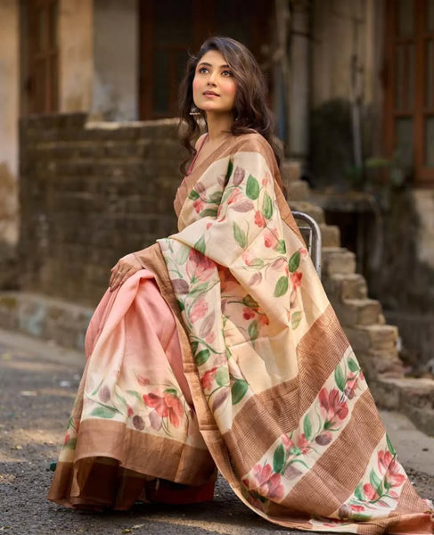 Pink Pastel Toned Tussar Silk Saree with Subtle Floral Print