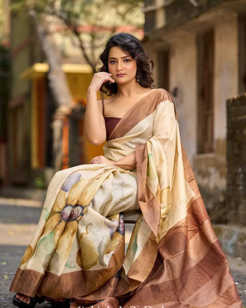 Beige Tussar Silk Saree with Artistic Floral Design