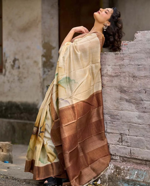 Beige Tussar Silk Saree with Artistic Floral Design