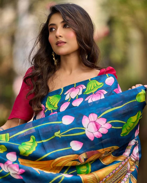 Navy Blue Tussar Silk Saree with Heritage Pichwai Print