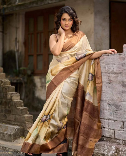 Beige Tussar Silk Saree with Artistic Floral Design
