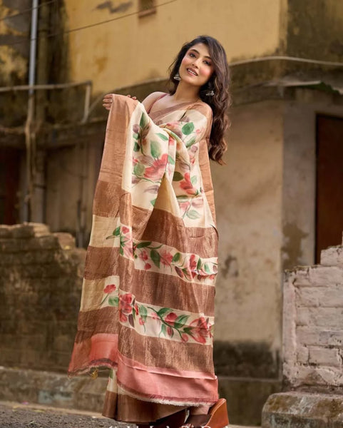 Pink Pastel Toned Tussar Silk Saree with Subtle Floral Print
