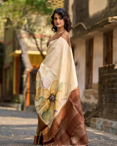 Beige Tussar Silk Saree with Artistic Floral Design