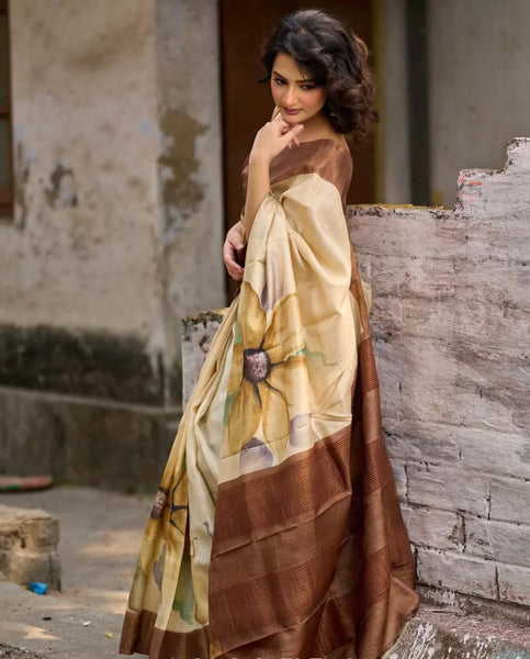Beige Tussar Silk Saree with Artistic Floral Design