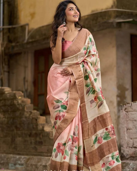 Pink Pastel Toned Tussar Silk Saree with Subtle Floral Print