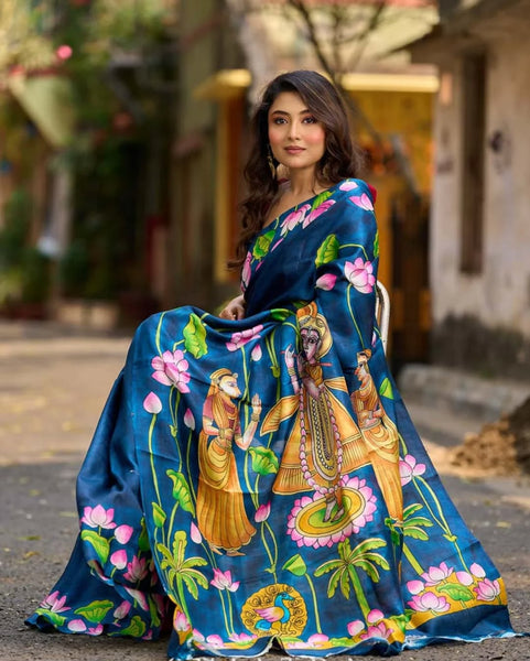 Navy Blue Tussar Silk Saree with Heritage Pichwai Print
