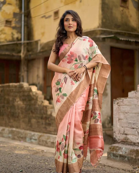 Pink Pastel Toned Tussar Silk Saree with Subtle Floral Print