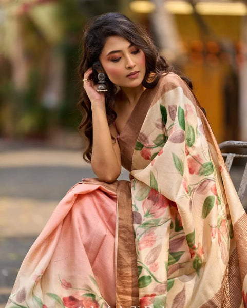 Pink Pastel Toned Tussar Silk Saree with Subtle Floral Print