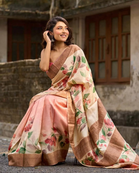 Pink Pastel Toned Tussar Silk Saree with Subtle Floral Print