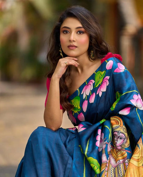 Navy Blue Tussar Silk Saree with Heritage Pichwai Print