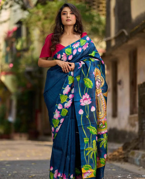 Navy Blue Tussar Silk Saree with Heritage Pichwai Print