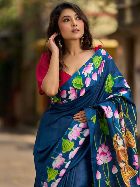 Navy Blue Tussar Silk Saree with Heritage Pichwai Print
