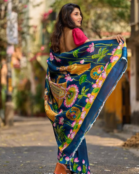 Navy Blue Tussar Silk Saree with Heritage Pichwai Print