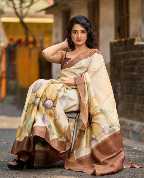 Beige Tussar Silk Saree with Artistic Floral Design