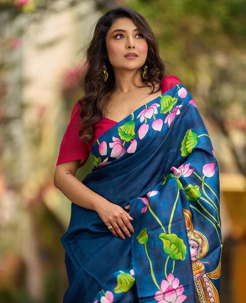 Navy Blue Tussar Silk Saree with Heritage Pichwai Print