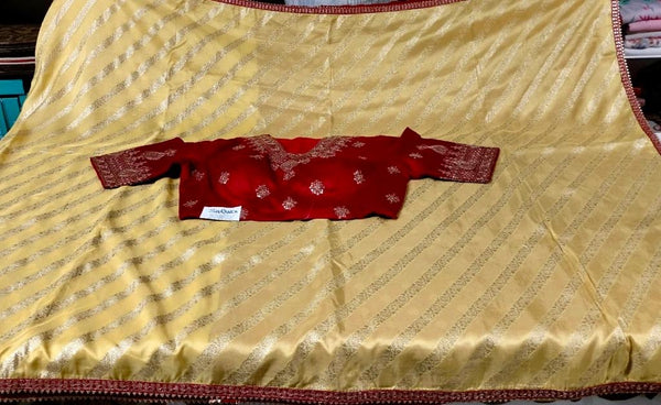 Yellow Muga Silk Saree with Red Readymade Blouse