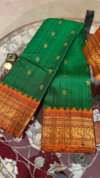 Green and Orange Pure Handloom Raw Gadwal Silk Saree