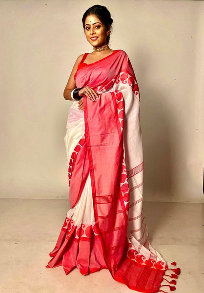 Bengali Pure Handloom Red and White Cotton Saree