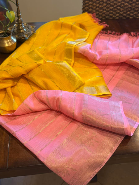 Handloom Yellow and Pink Chanderi Benarasi Silk cotton paired with a woven silk blouse