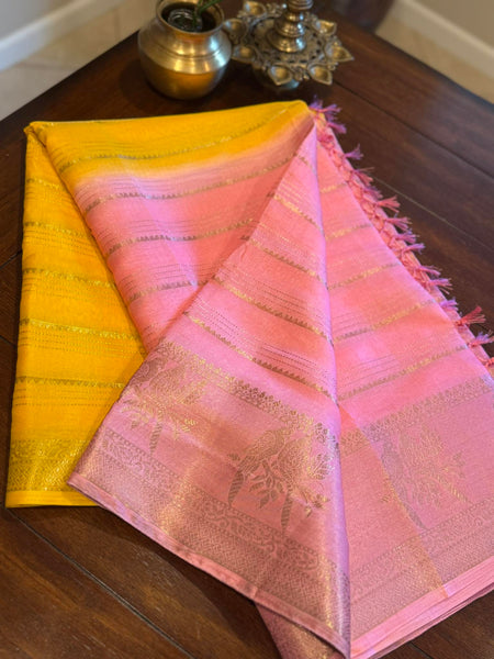 Handloom Yellow and Pink Chanderi Benarasi Silk cotton paired with a woven silk blouse