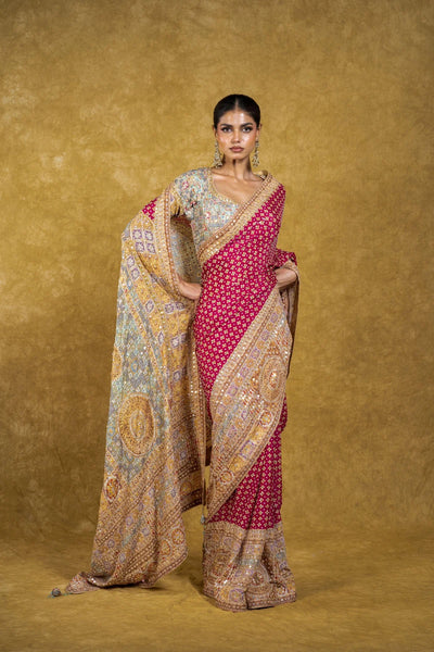Rani Pink and Pastel Multicolor Border Saree