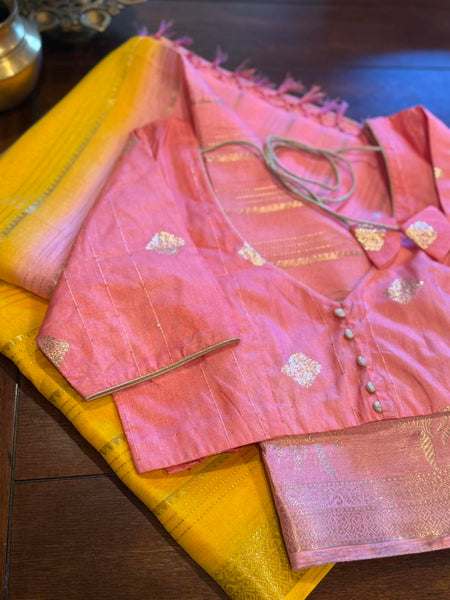 Handloom Yellow and Pink Chanderi Benarasi Silk cotton paired with a woven silk blouse