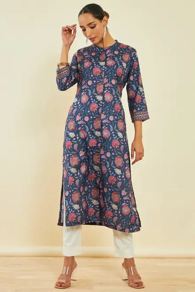 Navy Blue Rayon Floral Print Straight Kurta