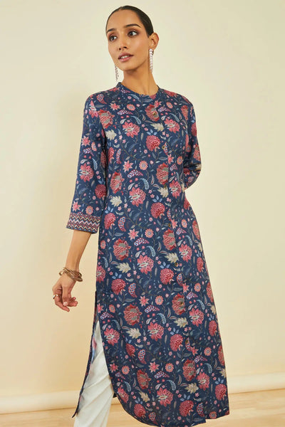 Navy Blue Rayon Floral Print Straight Kurta
