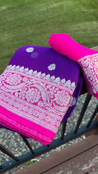 Purple and Hot Pink  Pure Handwoven Khaddi Banarasi Chiffon Georgette Saree