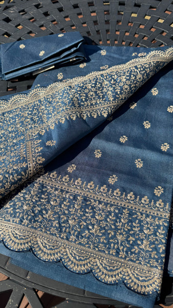 Royal Blue and Gold Tussar Silk Saree with Zari Butta's