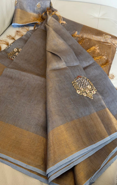 Dual Tone Grey Silver Gold Tone Tissue Linen Saree
