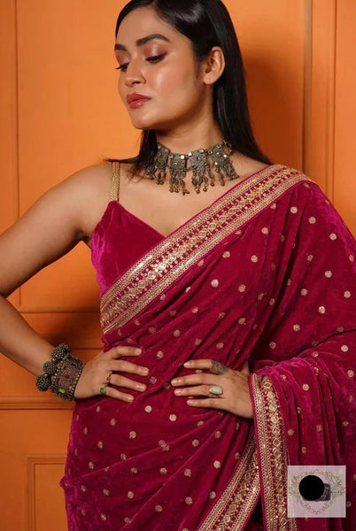 Royal Magenta Pink Velvet Saree