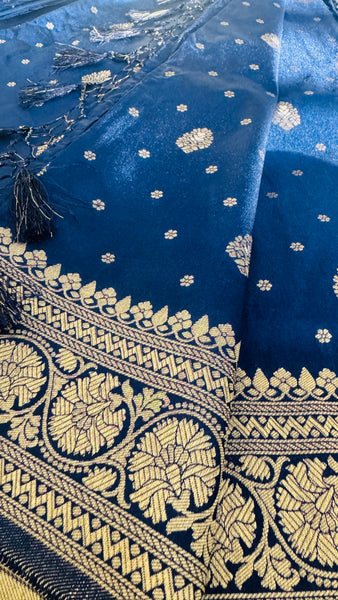 Navy Blue and Gold Pure Tussar Crepe Silk Saree