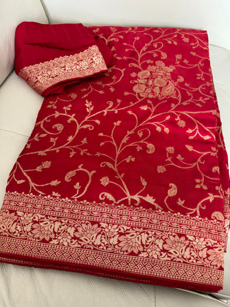 Red and Gold Munga Banarasi Silk Saree
