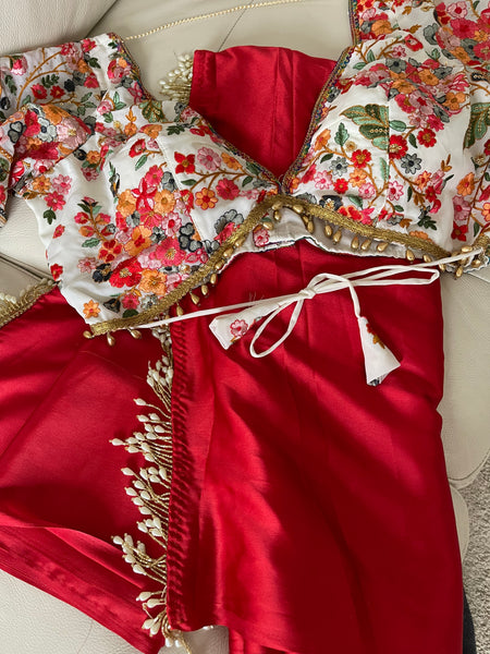 Crimson Rust Red Satin Silk Saree With Handmade Tassels On Pallu with White Readymade Blouse