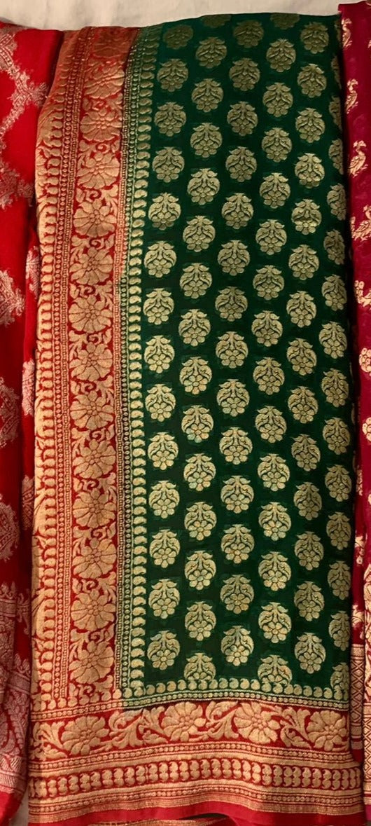 Green and Red Pure Khaddi Georgette Chiffon Silk Saree