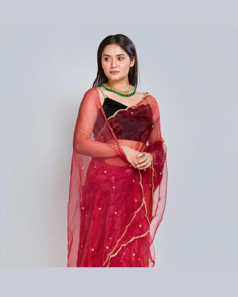 Red Glass Tissue Saree with Hand Embroidered Scalloping