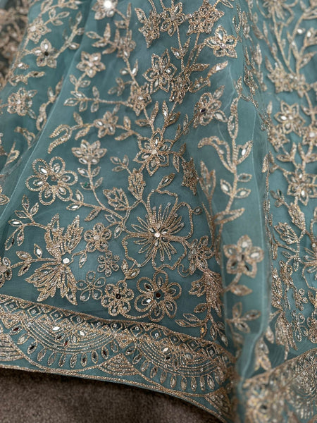 Sky Blue and Silver Embroidered Net Lehenga