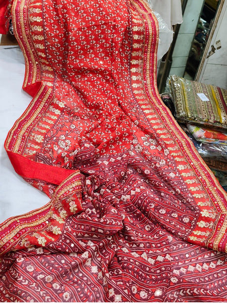 Bollywood Kareena Kapoor Red Chiffon Block Print