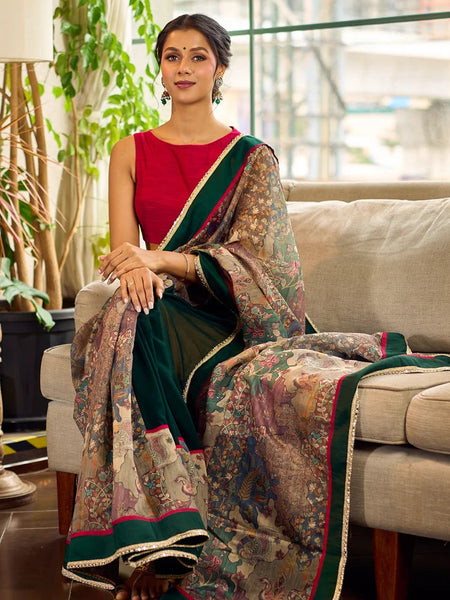 Bottle Green Georgette Saree with Artistic Kalamkari Printed Pallu & Delicate Gold Lace Border