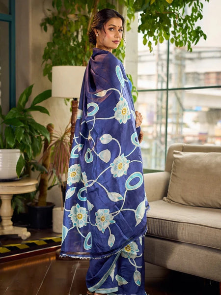Navy Pure Silk Saree with Painted Floral Pallu & Light Blue Trim