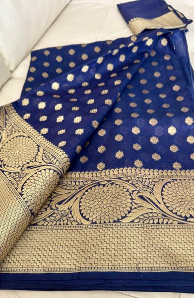 Royal Blue and Gold Handloom Silk Saree with Zari Butta's