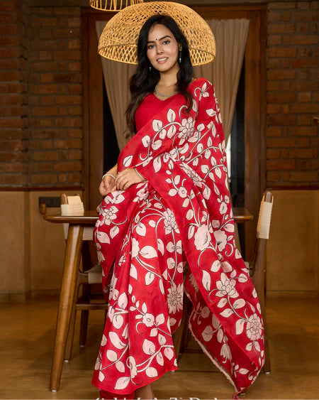 PURE SILK SAREE FEATURING TIMELESS KALAMKARI FLORAL ARTWORK